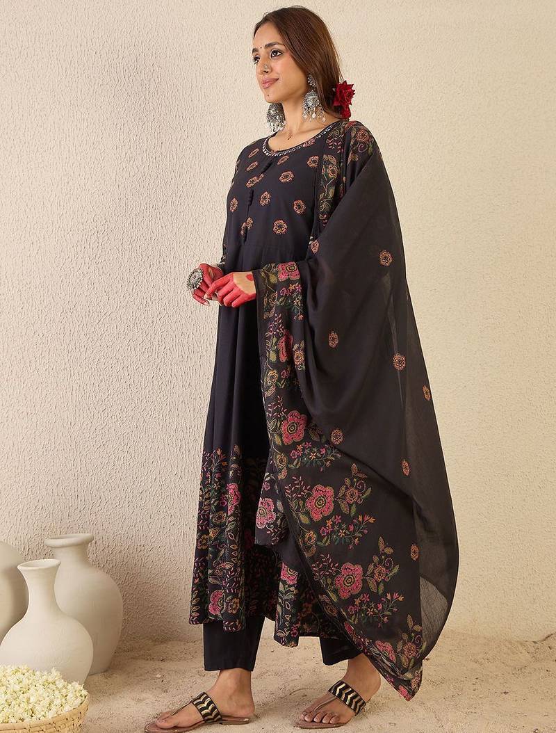 Floral Printed Round Neck Anarkali  Cotton Kurta With Trousers & With Dupatta