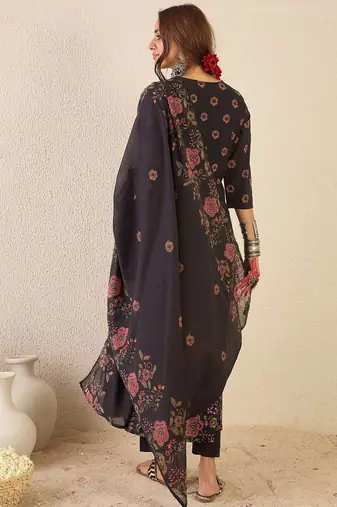 Floral Printed Round Neck Anarkali Pure Cotton Kurta With Trousers & With Dupatta