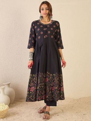 Floral Printed Round Neck Anarkali  Cotton Kurta With Trousers & With Dupatta 6