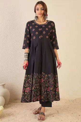 Floral Printed Round Neck Anarkali Pure Cotton Kurta With Trousers & With Dupatta
