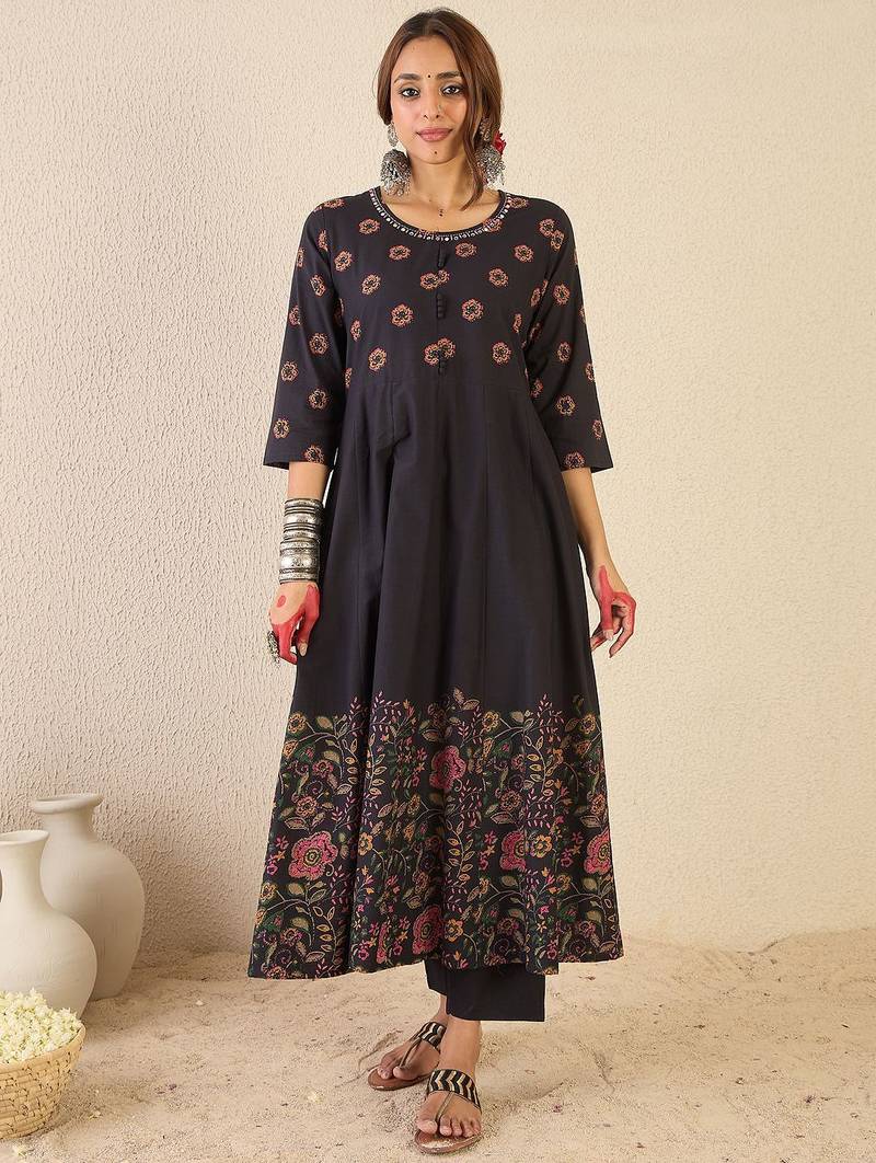 Floral Printed Round Neck Anarkali  Cotton Kurta With Trousers & With Dupatta