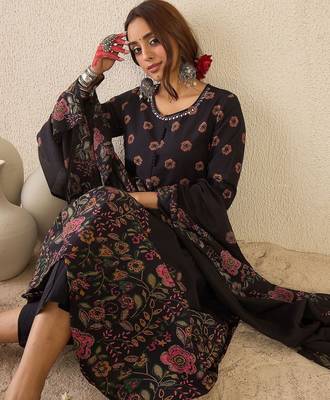 Floral Printed Round Neck Anarkali  Cotton Kurta With Trousers & With Dupatta 7