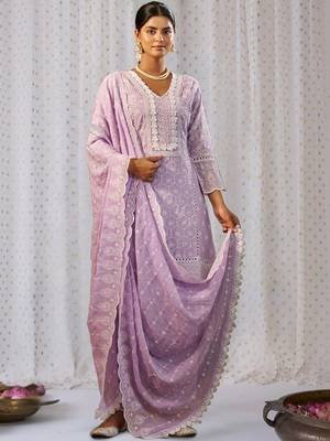 Women Ethnic Motifs Embroidered Regular Chikankari Pure Cotton Kurta with Trousers & With Dupatta 1