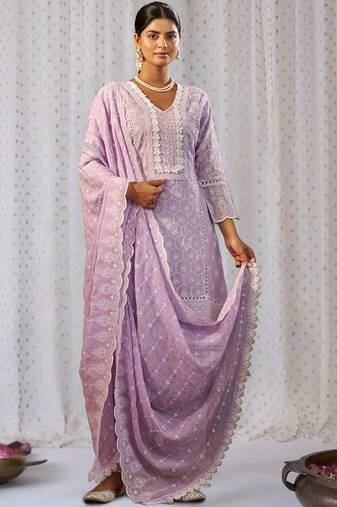 Women Ethnic Motifs Embroidered Regular Chikankari Pure Cotton Kurta with Trousers & With Dupatta