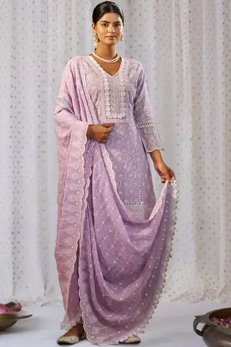 Women Ethnic Motifs Embroidered Regular Chikankari Pure Cotton Kurta with Trousers & With Dupatta