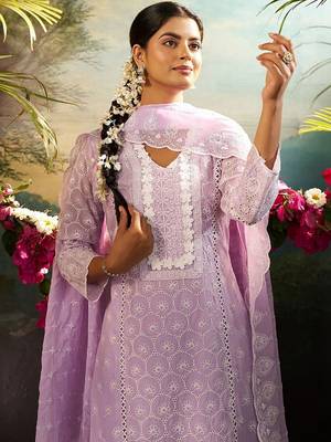 Women Ethnic Motifs Embroidered Regular Chikankari Pure Cotton Kurta with Trousers & With Dupatta 2