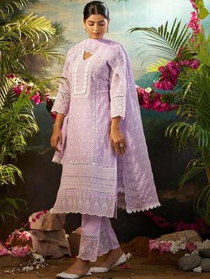 Women Ethnic Motifs Embroidered Regular Chikankari Pure Cotton Kurta with Trousers & With Dupatta 4