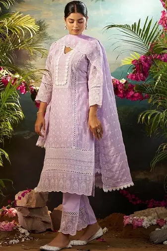Women Ethnic Motifs Embroidered Regular Chikankari Pure Cotton Kurta with Trousers & With Dupatta