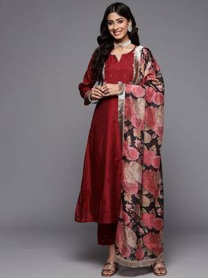 Women Maroon Ethnic Motifs Embroidered Kurta with Trousers & With Dupatta 1
