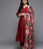Women Maroon Ethnic Motifs Embroidered Kurta with Trousers & With Dupatta