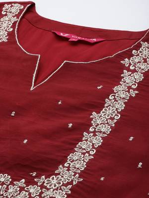 Women Maroon Ethnic Motifs Embroidered Kurta with Trousers & With Dupatta 2