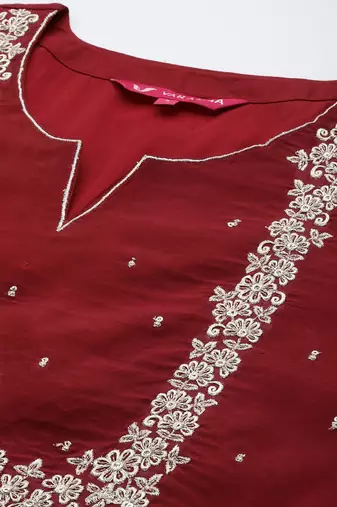 Women Maroon Ethnic Motifs Embroidered Kurta with Trousers & With Dupatta