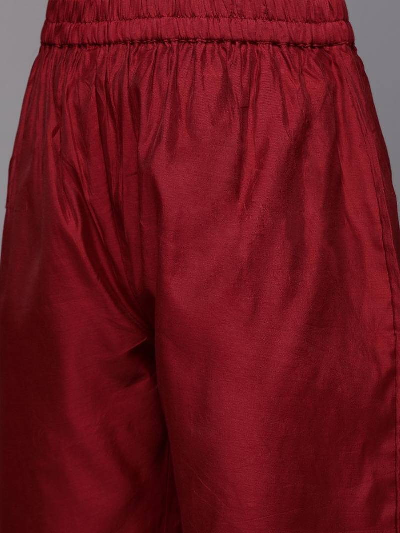Women Maroon Ethnic Motifs Embroidered Kurta with Trousers & With Dupatta