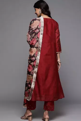 Women Maroon Ethnic Motifs Embroidered Kurta with Trousers & With Dupatta