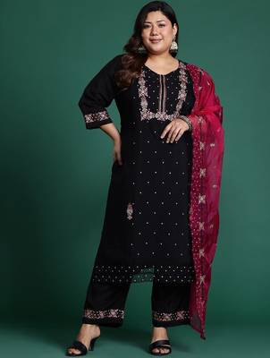 Plus Size Black Embroidered Straight Kurta Trousers With Dupatta Set 1