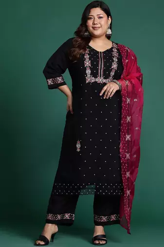Plus Size Black Embroidered Straight Kurta Trousers With Dupatta Set