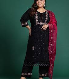 Plus Size Black Embroidered Straight Kurta Trousers With Dupatta Set