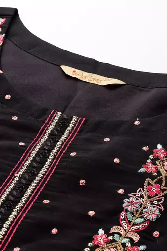 Plus Size Black Embroidered Straight Kurta Trousers With Dupatta Set