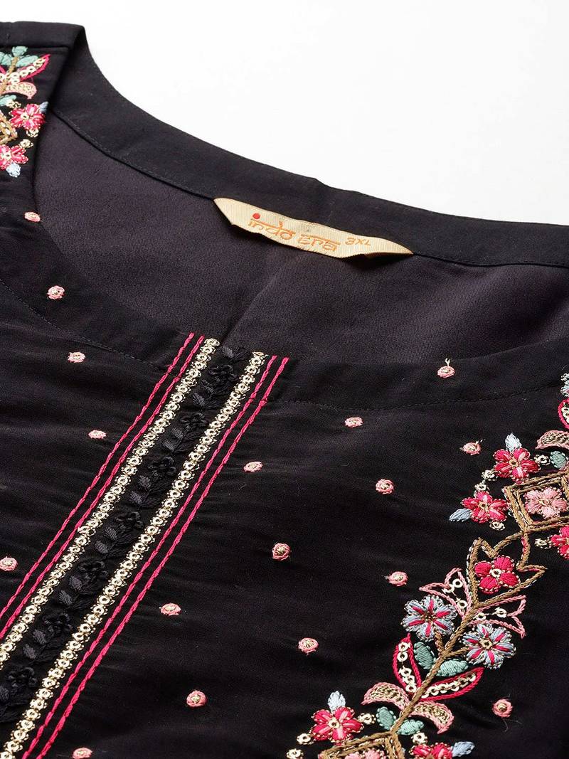 Plus Size Black Embroidered Straight Kurta Trousers With Dupatta Set