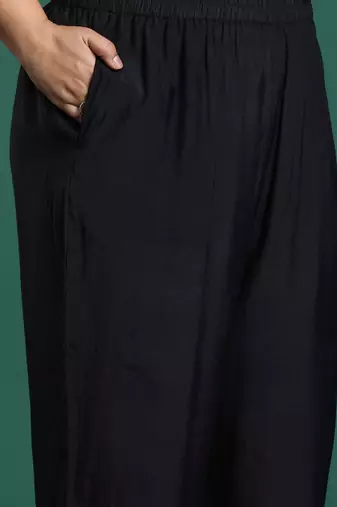 Plus Size Black Embroidered Straight Kurta Trousers With Dupatta Set