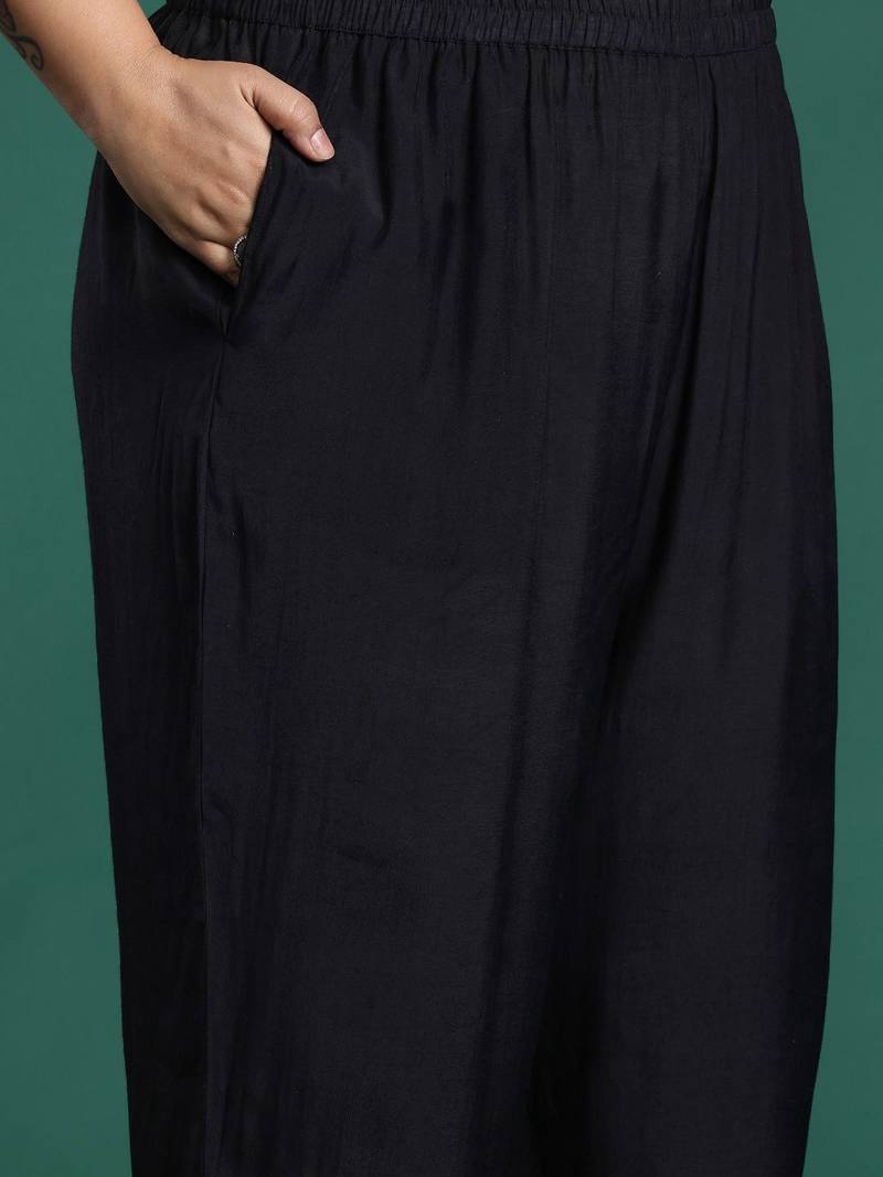 Plus Size Black Embroidered Straight Kurta Trousers With Dupatta Set
