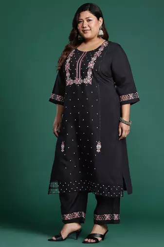 Plus Size Black Embroidered Straight Kurta Trousers With Dupatta Set