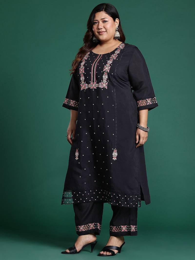Plus Size Black Embroidered Straight Kurta Trousers With Dupatta Set
