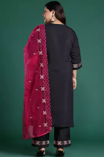 Plus Size Black Embroidered Straight Kurta Trousers With Dupatta Set