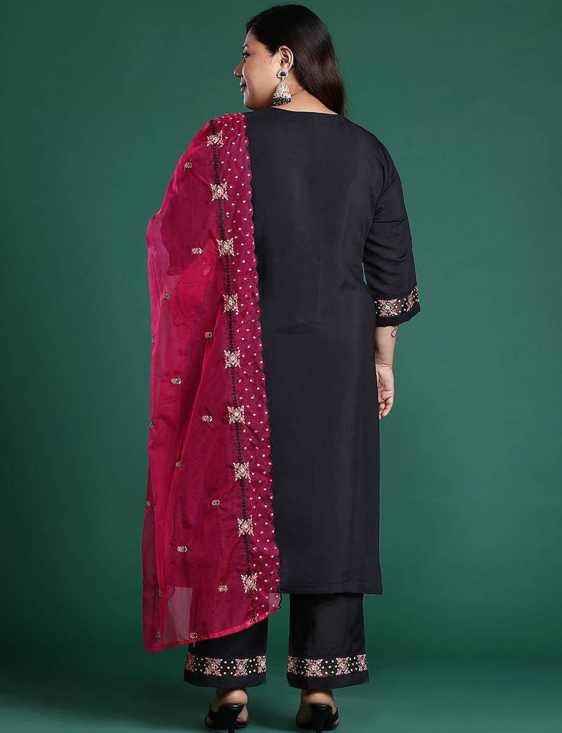 Plus Size Black Embroidered Straight Kurta Trousers With Dupatta Set