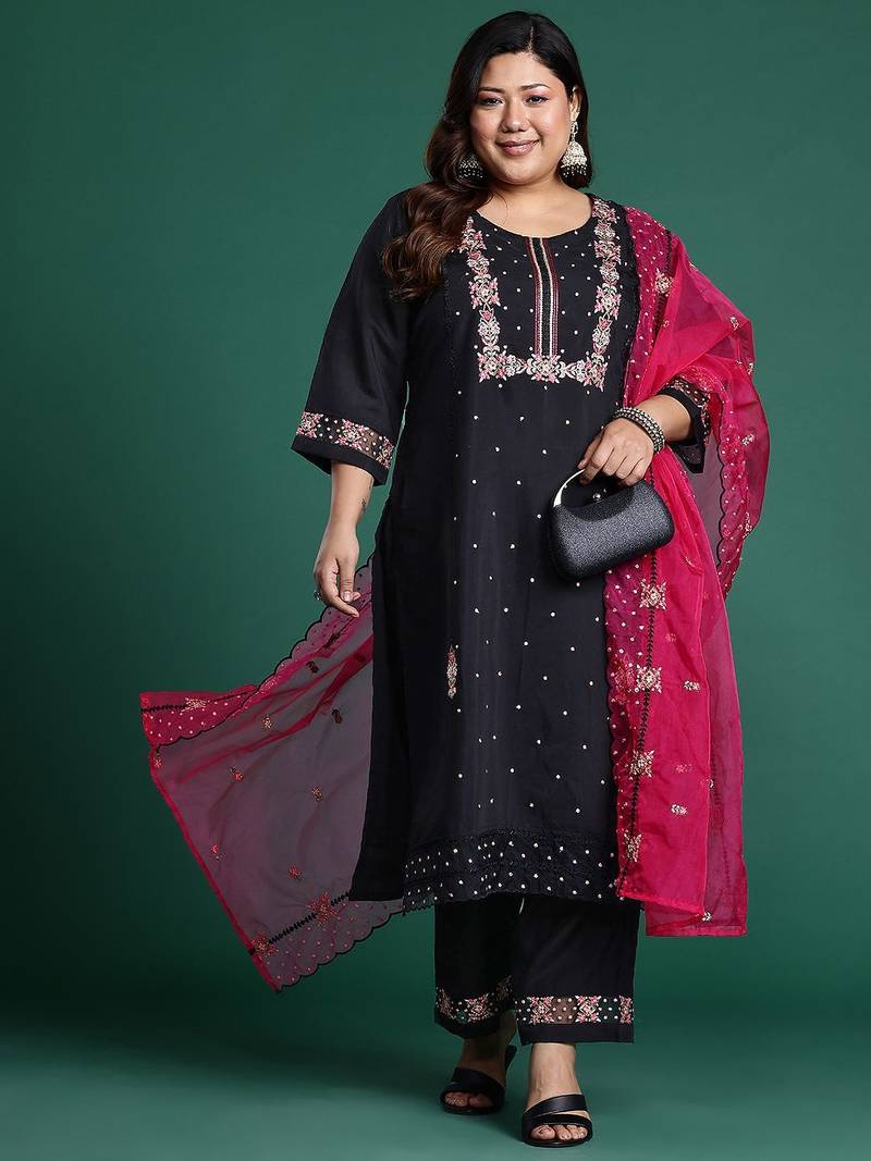 Plus Size Black Embroidered Straight Kurta Trousers With Dupatta Set
