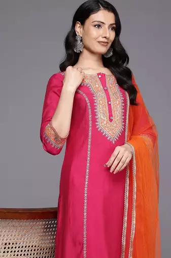 Ethnic Motifs Embroidered Zari Panelled Kurta With Palazzos & Dupatta