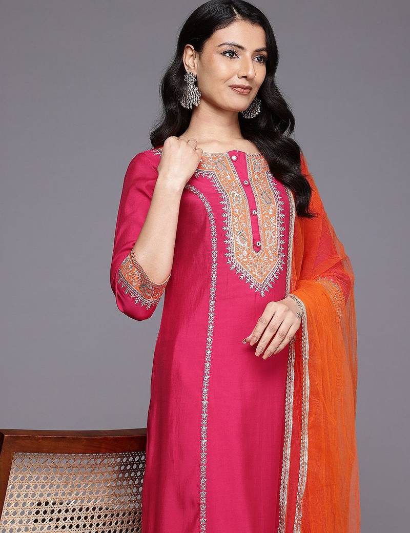 Ethnic Motifs Embroidered Zari Panelled Kurta With Palazzos & Dupatta