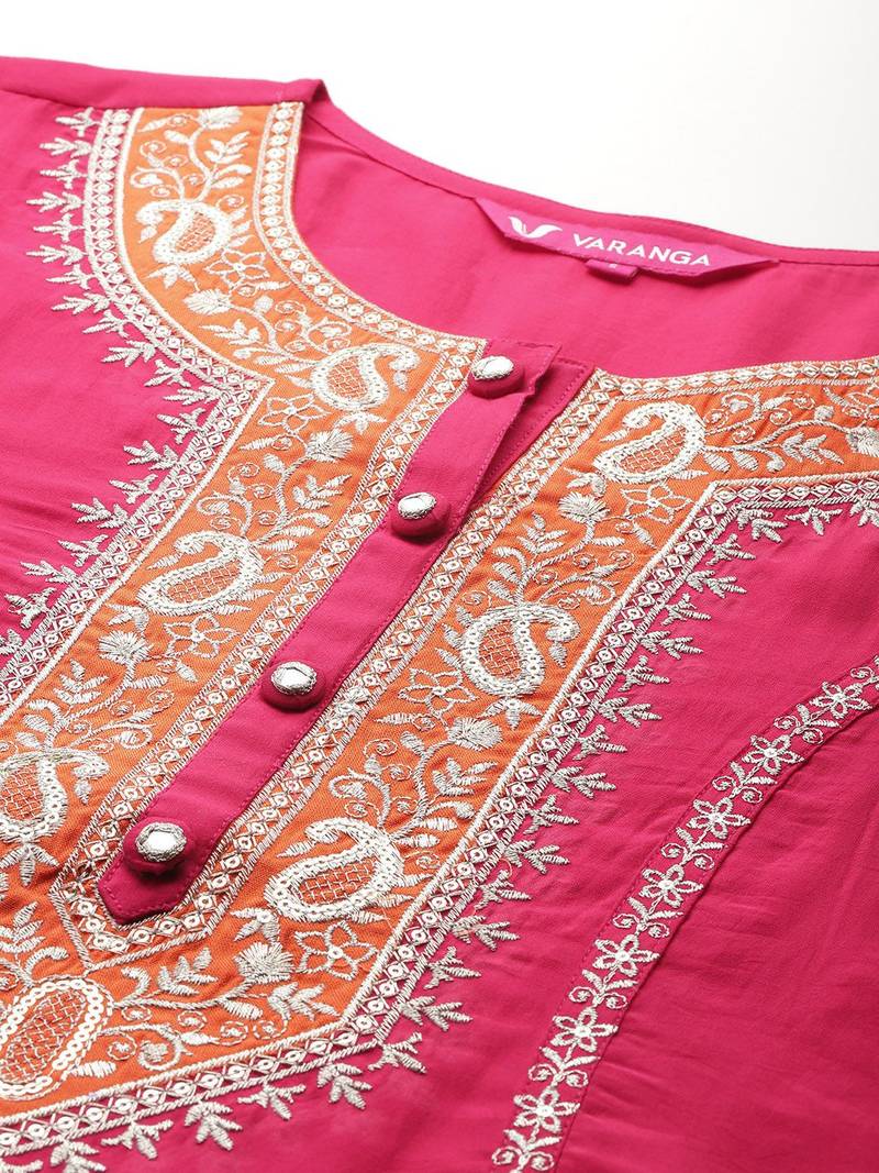 Ethnic Motifs Embroidered Zari Panelled Kurta With Palazzos & Dupatta