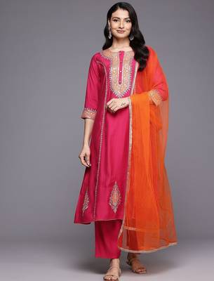 Ethnic Motifs Embroidered Zari Panelled Kurta With Palazzos & Dupatta 1