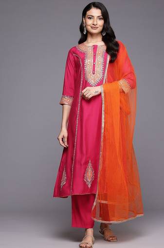Ethnic Motifs Embroidered Zari Panelled Kurta With Palazzos & Dupatta