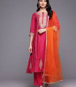 Ethnic Motifs Embroidered Zari Panelled Kurta With Palazzos & Dupatta