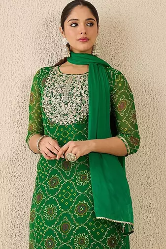 Bandhani Printed Thread Work Georgette Straight Kurta With Trousers & Dupatta
