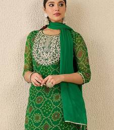 Bandhani Printed Thread Work Georgette Straight Kurta With Trousers & Dupatta