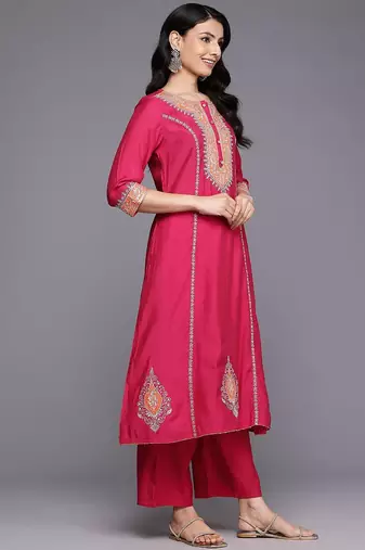Ethnic Motifs Embroidered Zari Panelled Kurta With Palazzos & Dupatta