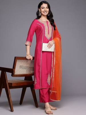Ethnic Motifs Embroidered Zari Panelled Kurta With Palazzos & Dupatta 8