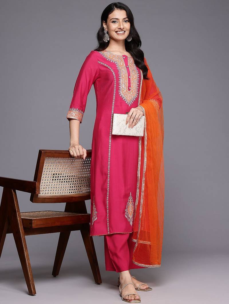 Ethnic Motifs Embroidered Zari Panelled Kurta With Palazzos & Dupatta