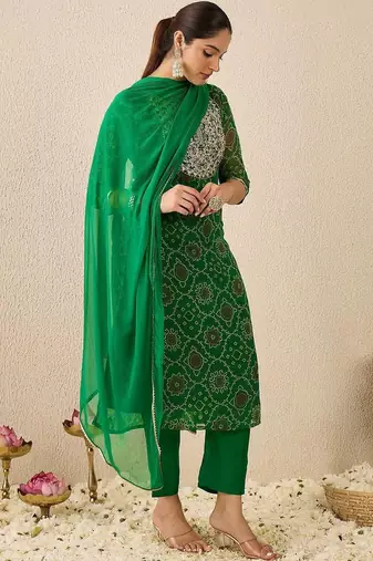 Bandhani Printed Thread Work Georgette Straight Kurta With Trousers & Dupatta