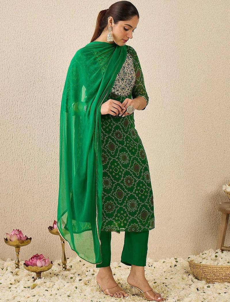 Bandhani Printed Thread Work Georgette Straight Kurta With Trousers & Dupatta