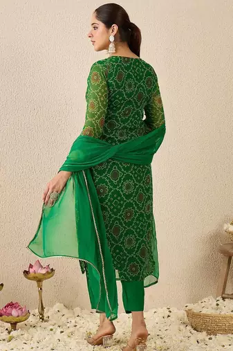 Bandhani Printed Thread Work Georgette Straight Kurta With Trousers & Dupatta