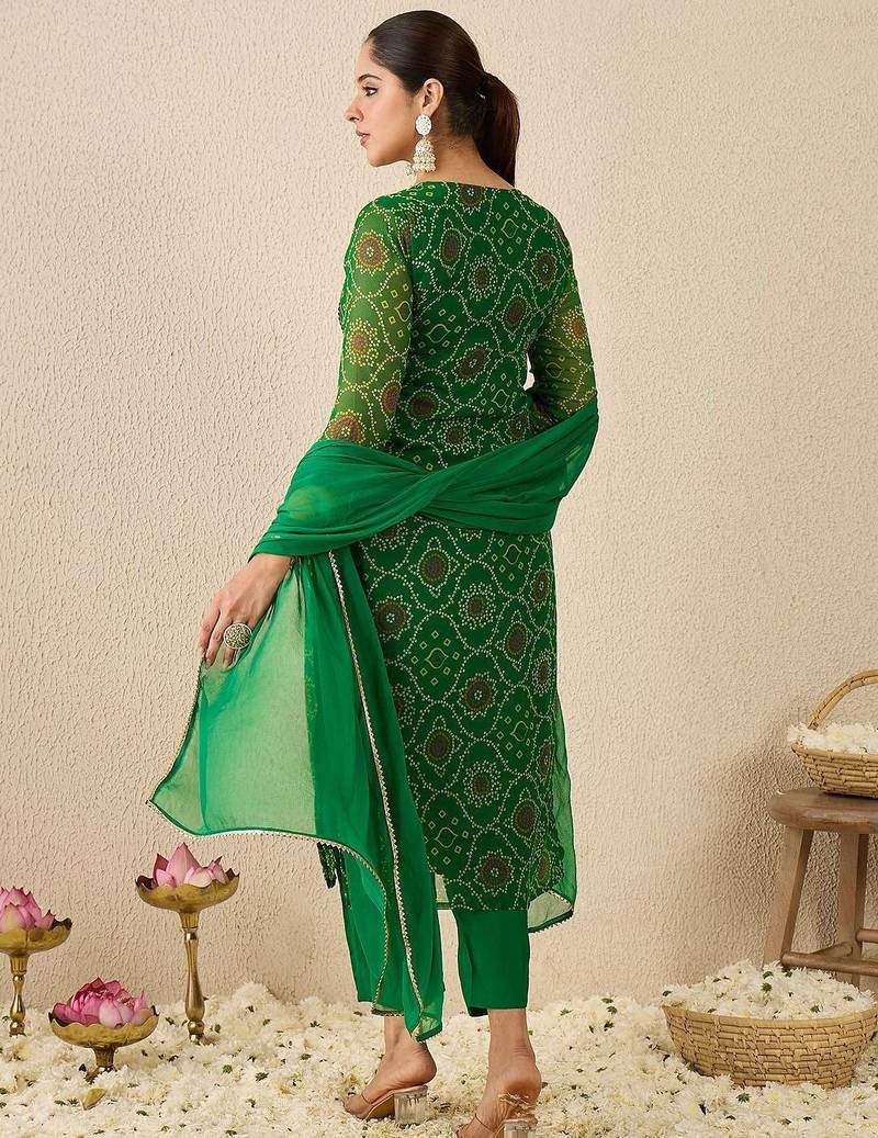 Bandhani Printed Thread Work Georgette Straight Kurta With Trousers & Dupatta