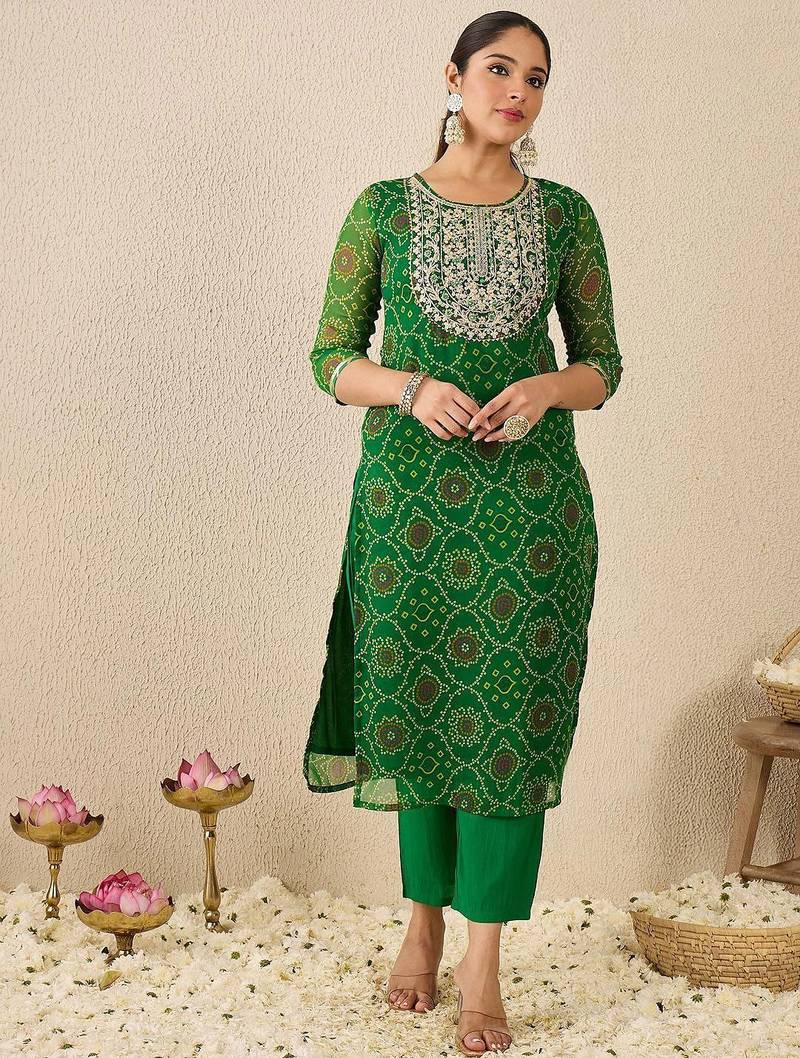 Bandhani Printed Thread Work Georgette Straight Kurta With Trousers & Dupatta