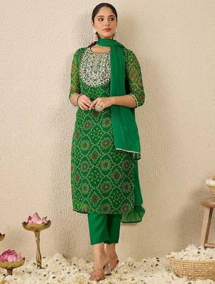 Bandhani Printed Thread Work Georgette Straight Kurta With Trousers & Dupatta 6