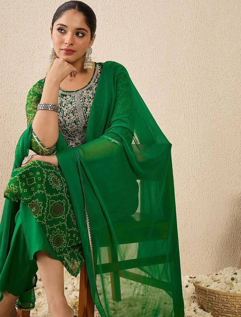 Bandhani Printed Thread Work Georgette Straight Kurta With Trousers & Dupatta