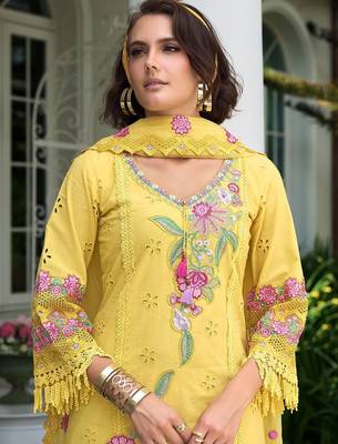 Women Floral Embroidered Regular Sequinned  Cotton Kurta with Trousers & With Dupatta 2