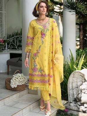 Women Floral Embroidered Regular Sequinned  Cotton Kurta with Trousers & With Dupatta 1